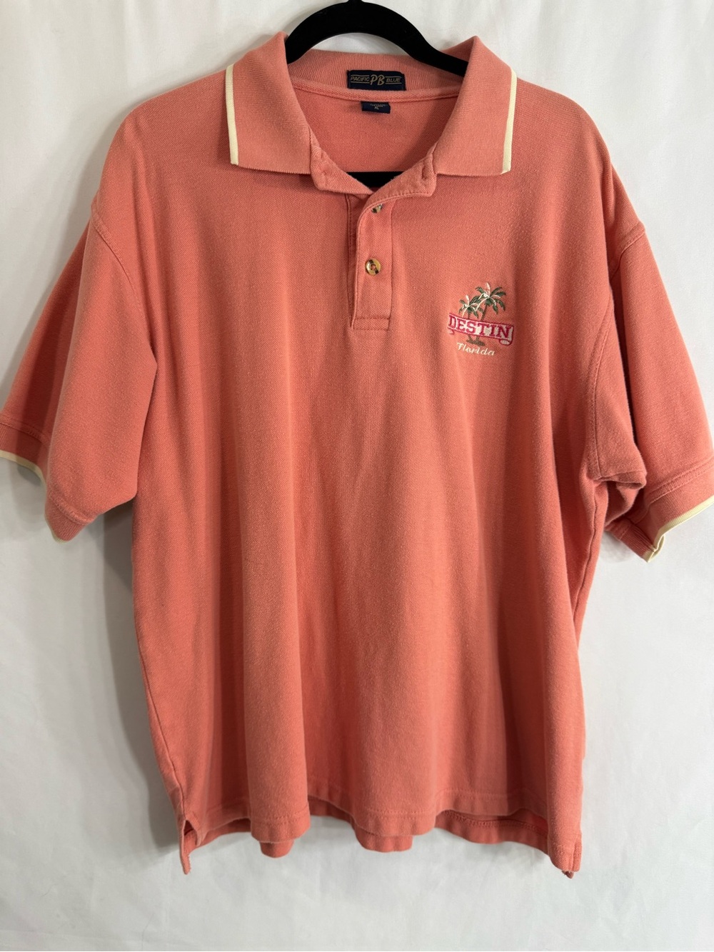 Pacific Blue Destin Florida Embroidered Polo Shirt Coral Cotton Men’s XL